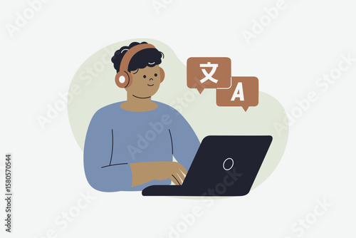 Professional Language Translator Working on Laptop with Headphones Vector