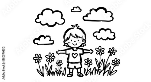 Boy in flower field kid line drawing. Hand drawn child sketch flower field, clouds. Fun crayon summer landscape outline. Simple nature cloud, plant doodle element. Vector illustration