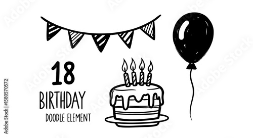 Birthday doodle icon element. Hand drawn sketch doodle birthday cake, balloon, event decoration element. Party, carnival celebration concept background. Vector illustration