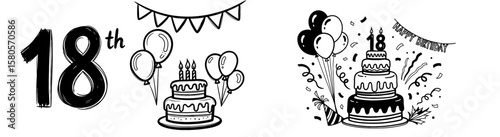 Happy birthday doodle party sketch icon set. Hand drawn sketch cake, balloon, pennant and present for 18th celebration. Event holiday confetti decoration elements. Vector illustration