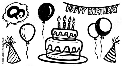 Birthday doodle hand drawn sketch icon set. Party balloon, cake, hat event celebration elements. Fun surprise question speech bubble banner design decoration. Vector illustration.