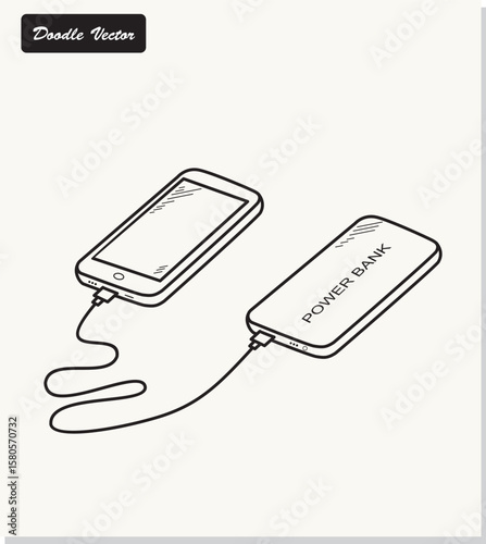 Doodle Cell phone connected to power bank. Power bank charges smartphone isolated