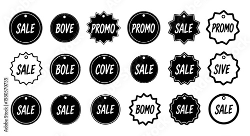 Sale promo price tag sticker discount label set. Hand drawn sketch tag offer badge, sale banner circle shape for promo, special price shopping store. Vector illustration