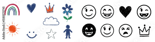 Colorful and Black Doodle Icon Set – Rainbows, Hearts, Emoticons, Stars, and Nature Symbols