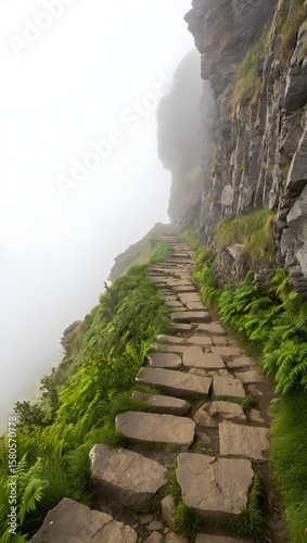Exploring scenic hiking trail in foggy mountains adventure travel destination outdoors