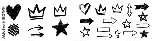 Line marker hand drawn brush element set. Sketch pencil stroke vector graphic pen underline scribble icon. Hand drawn line heart, crown, star symbol highlight marker shape. Vector illustration