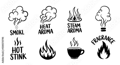 Aroma steam heat fragrance smoke stink icon set. Doodle black sketch hand drawn cloud, flame, cup with scent, hot symbol. Vector illustration