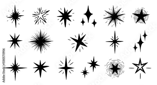 Sparkle star icon sketch doodle brush set. Hand drawn scribble sparkle light vector shine icon. Shine twinkle line emphasis decoration glitter elements. Vector illustration