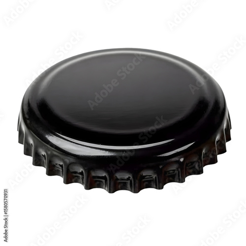 A single, shiny black metal bottle cap with a crown edge, isolated on a transparent background