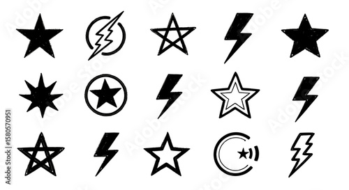 Music star doodle icon punk rock set. Hand drawn music sketch lightning star symbol. Fun graffiti shape doodle arrow, speech bubble grunge decoration elements. Vector illustration