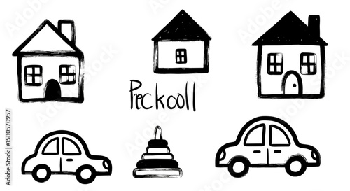 Kid kindergarten hand drawn vector element set. Hand drawn brush doodle sketch style cute car, house, toys, and building with chalk texture. Kid preschool toy background. Vector illustration
