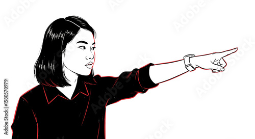 Line sketch illustration woman pointing finger set. Hand drawn sketch doodle female figure gesture element. Pen line text decoration shape icon. Vector illustration.