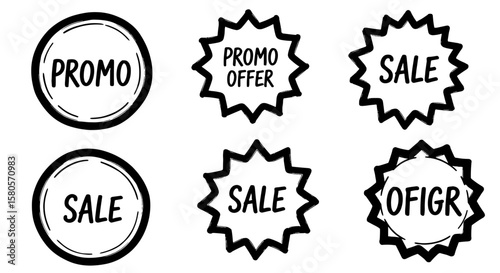 Sale promo offer tag circle star icon set. Hand drawn sketch sale, promo offer badge, tag for label, sticker, price vector graphic design elements. Vector illustration
