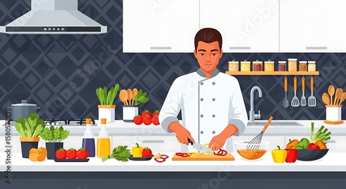 Professional Chef Prepares a Meal A Culinary Illustration for Cookbooks and Online Recipes.