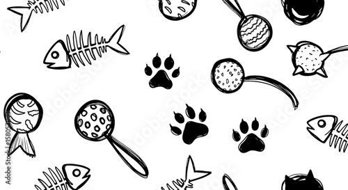 Doodle icon cat toy fishbone paw print set. Hand drawn sketch doodle cat toy, pet foot print bone. Fun cute sketch vector art arrow, crown shape scribble texture element. Vector illustration