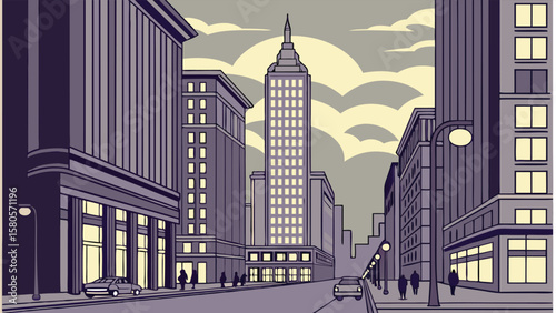 Art deco cityscape with tall buildings and cloudy sky