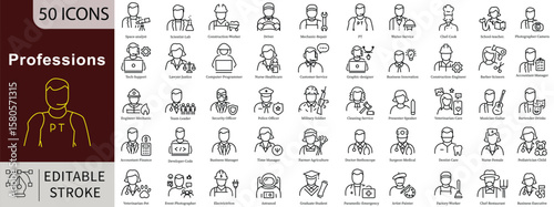 Professions Line Icons: Diverse Jobs, Workers and Careers Vector Set