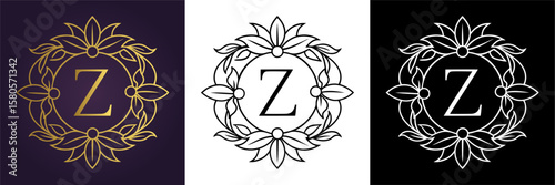 Luxury floral letter Z logo design in gold black and white versions  