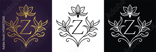 Luxury floral letter Z logo design in gold black and white versions  