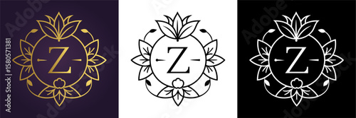 Luxury floral letter Z logo design in gold black and white versions  
