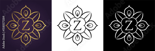 Luxury floral letter Z logo design in gold black and white versions  