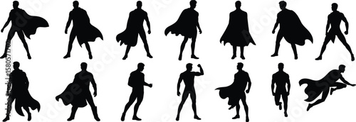 Superhero Silhouette Vector, Dynamic Flying and Action Poses, Comic Style Artwork, Caped Heroes, Black Design Elements, Creative Illustration Clipart