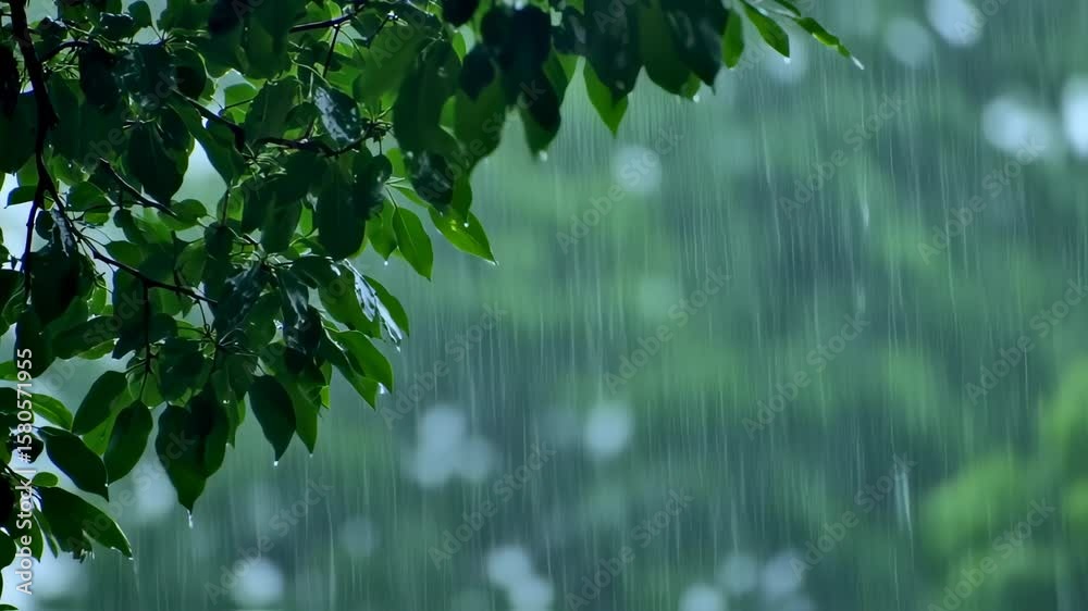 Rain falling on green leaves and forest background with nature.