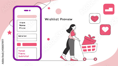 Woman pushing shopping cart with gift box next to a phone displaying item details and wishlist preview design