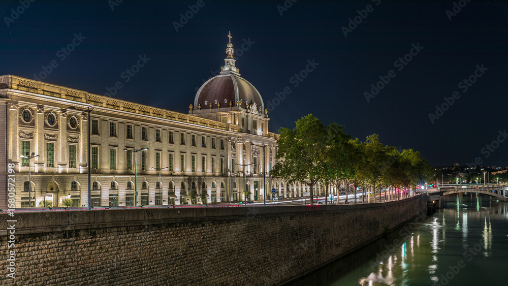 Fototapeta premium The Grand Hotel-Dieu night timelapse hyperlapse in Lyon, France.