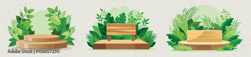 Botanical podiums and platforms with lush foliage display vector illustration
