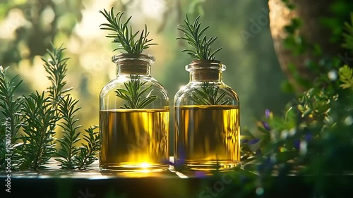 Two glass bottles filled with golden oil and fresh rosemary sprigs on a rustic table in a lush garden