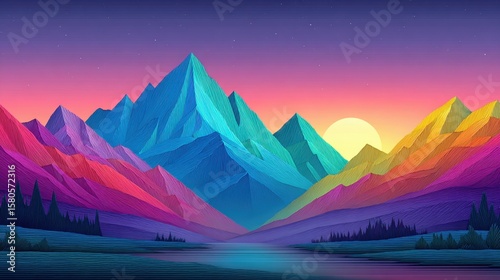 Majestic Mountain Vista: A breathtaking digital landscape showcasing the towering mountain range, under a stunning sunset sky, with a colorful and geometric style.