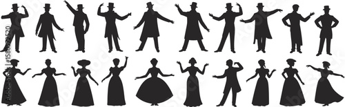 Victorian Silhouettes Vector Collection, Historical Fashion Clipart Set, Elegant Men and Women Poses, Black and White Vintage Style Illustration Icons