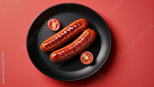 Two grilled sausages served on a black plate with fresh tomato slices on a red background