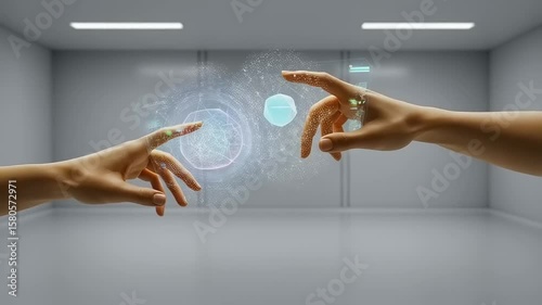 Two hands reaching toward a glowing holographic interface in a minimalist, futuristic room