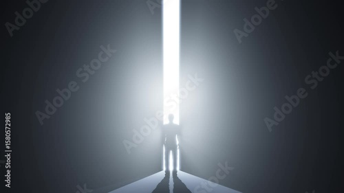 Man in front of the door which opens to heaven world of light - near death experience or new opportunity  - 3d illustration