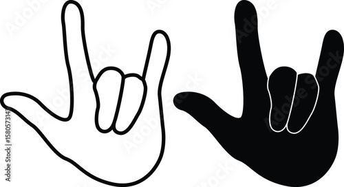 Rock On Fingers Sign Silhouette Flat and Outline Design