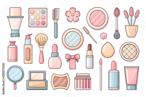 A variety of makeup and beauty essentials such as brushes, compacts, and serums isolated on transparent background
