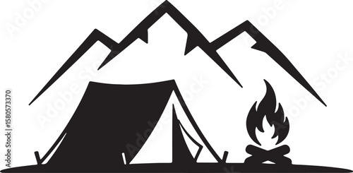 Black and white camping scene depicting mountains tent bonfire and outdoor adventure