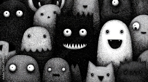 Monsters' Gathering: A captivating monochrome illustration presents a collection of various monster characters with an array of unique expressions, showcasing an interesting illustrative style. 