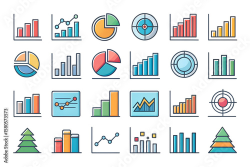 A diverse set of colorful charts and graphs illustrating data analysis and business growth isolated on transparent background
