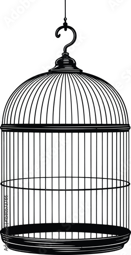 Vintage Hanging Birdcage – Black and White Vector Illustration of an Empty Cage