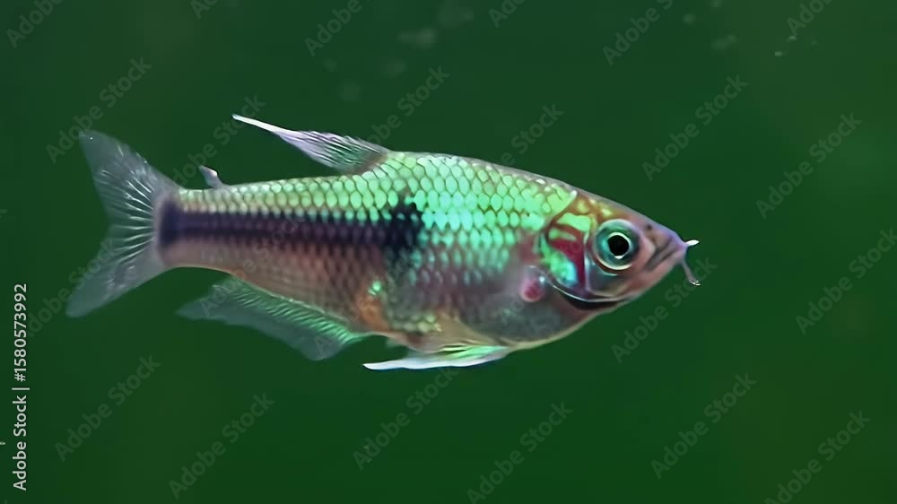 Close-Up of Iridescent Tropical Fish with Black Spot Swimming in Dark Green Aquarium Water
