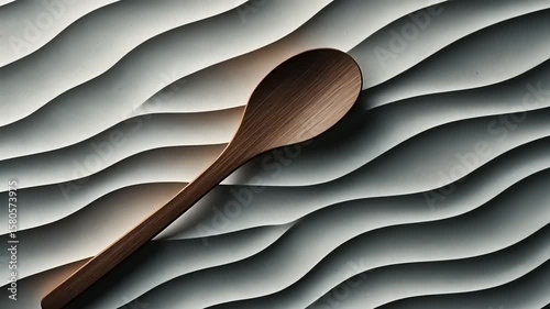Wooden spoon resting on textured waves of light and shadow, creating a serene kitchen atmosphere
