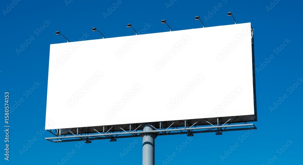 Obraz premium Empty billboard with white surface against a clear blue sky. Blank outdoor advertisement space for mockup or commercial use.