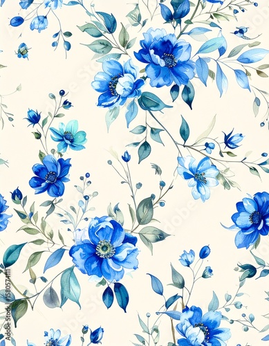 「手描き風ブルーフローラル模様」 Hand-Drawn Blue Floral Pattern