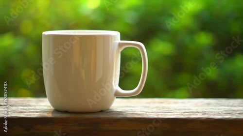 A white mug sits on a wooden surface with a blurred green background creating a peaceful atmosphere