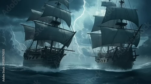 Two majestic ships battling fierce stormy seas under dramatic lightning skies