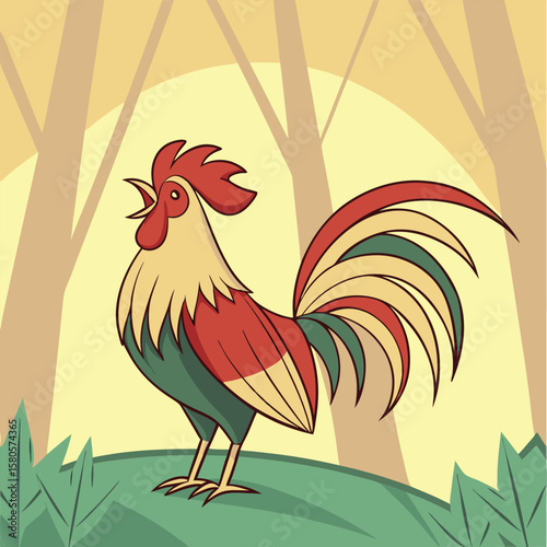 Rooster crowing loudly in a stylized forest setting at sunrise