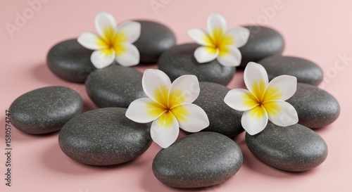 Black spa stones with white plumeria flower arrangement for massage therapy and relaxation. Zen garden inspired wellness concept on a pink background.